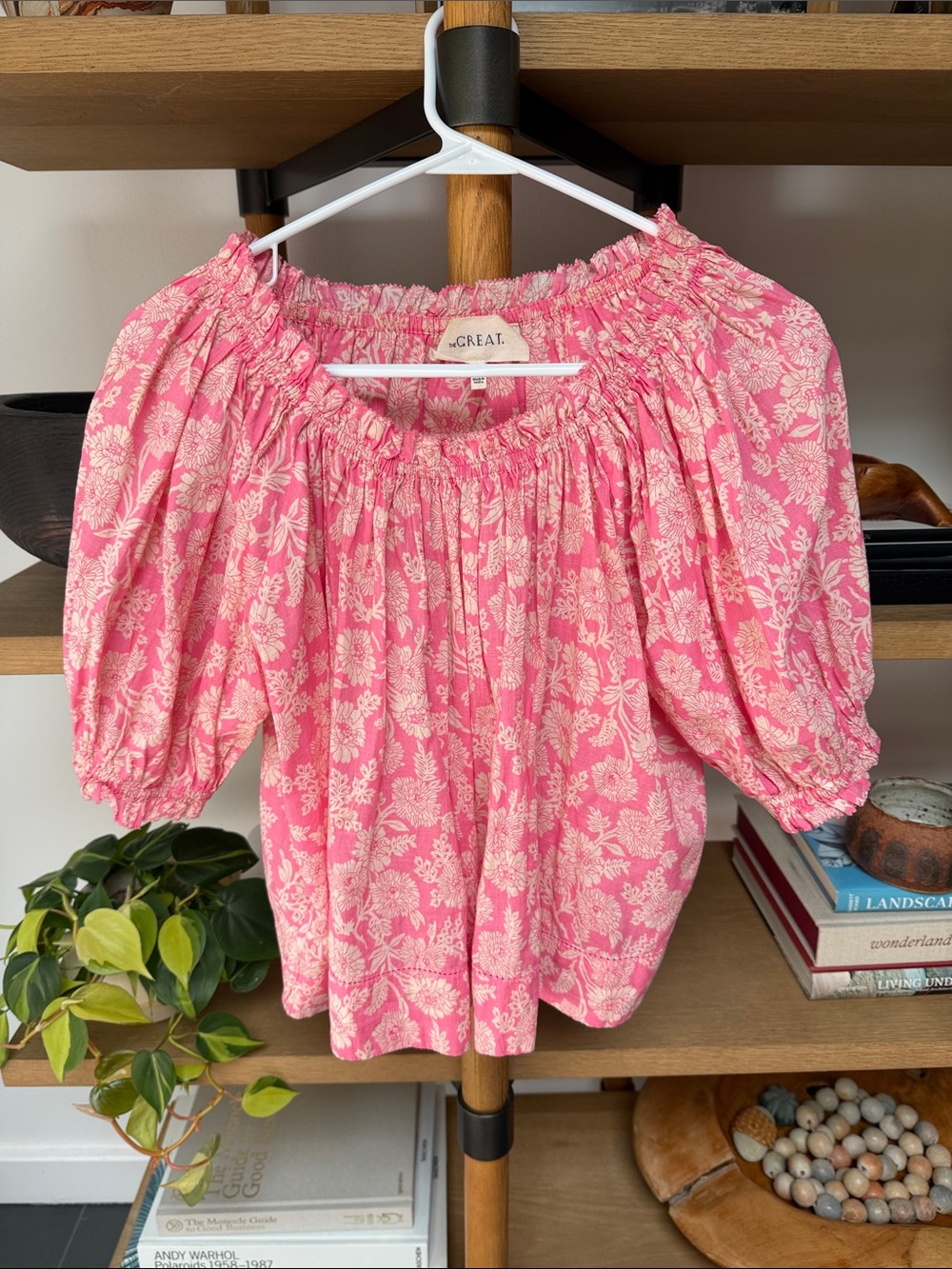 THE GREAT. Pink Floral Smocked-Neck Puff Sleeve Blouse